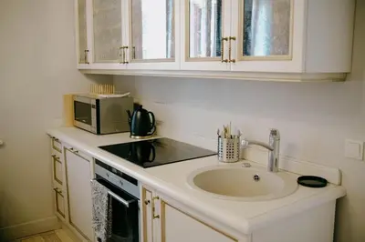 a kitchen with a sink and a microwave at Central apartment in Gaono residence in Vilnius