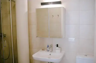 a bathroom with a sink and a mirror and a toilet at Central apartment in Gaono residence in Vilnius