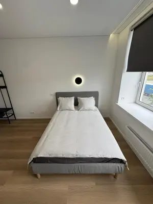 a bedroom with a large bed in a white room at 5 New Airport Apartment in VNO