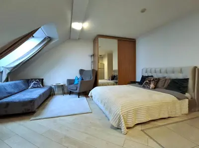 a bedroom with a bed and a couch and a mirror at Cozy Studio in Vilnius Old Town in Vilnius