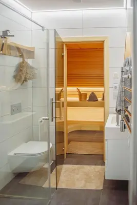 a bathroom with a shower and a toilet in a room at Oak Zen Home in Birštonas