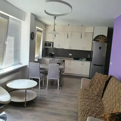 a kitchen and living room with a couch and a table at Apartment Beauty in Vilnius