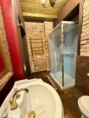 a bathroom with a shower and a sink and a toilet at Pilies8 Luxury Vilnius Apartment in Vilnius