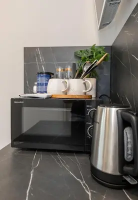 a black microwave with a tray on top of it at Trumpalaikė butų nuoma Kaune prie Klinikų MINIUKAS SELF CHECK-IN in Kaunas