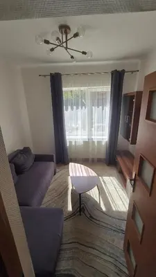 a living room with a couch and a table at Apartamentai Zibutės in Kaunas