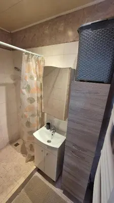 a small bathroom with a sink and a shower at Apartamentai Zibutės in Kaunas
