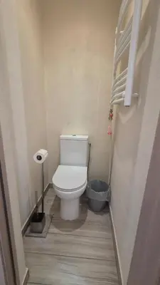 a bathroom with a white toilet in a room at Apartamentai Zibutės in Kaunas