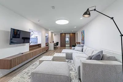 a living room with a couch and a tv at Symphony Apartment with free parking in Kaunas
