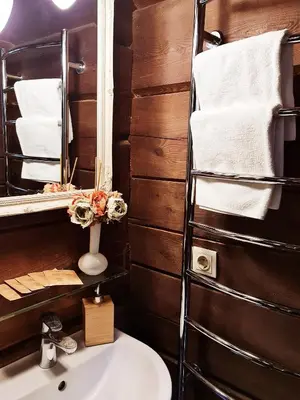 a bathroom with a sink and a mirror and towels at Asvejos sodyba in Skirlėnai