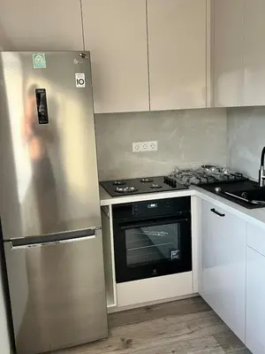a kitchen with a stainless steel refrigerator and a stove at Very quiet and cozy place in Vilnius