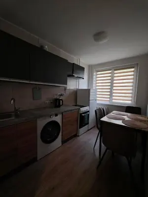 a kitchen with a table and a sink and a stove at Egidijaus apartamentai Panevėžyje in Panevėžys