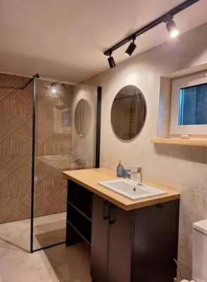 a bathroom with a sink and a shower at Kiauklių oazė in Kiaukliai