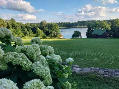 a green field with a barn and a lake at Lake 4U in Užuguostis