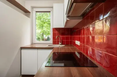 a kitchen with a sink and red tiles on the wall at Apartment with big terrace in Vilnius