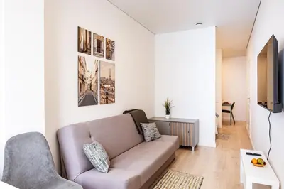 a living room with a couch and a tv at Cozy 1BR in Old Town with FREE Parking in Vilnius