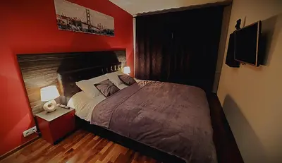 a bedroom with a bed and a red wall at Central Apartment with Fireplace & Cathedral View in Šiauliai