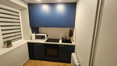 a small kitchen with blue cabinets and a microwave at CITY STAY 2-bedroom apartment in Šiauliai
