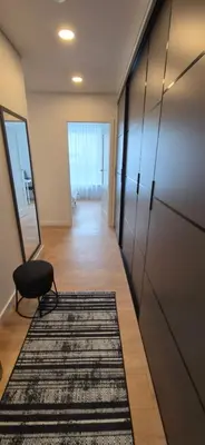 a hallway with a rug and a door with a mirror at NEW Bright & Stylish 2BR apt in Vilnius