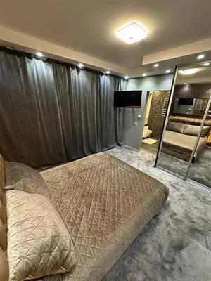 a bedroom with a large bed and a mirror at B&M Romantic room Self check-in in Vilnius