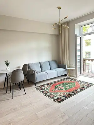 a living room with a couch and a rug at Cozy City Center Apartment in Kaunas