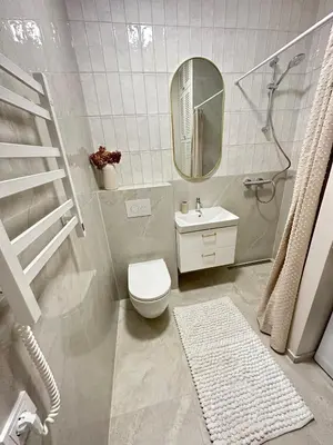 a bathroom with a toilet and a sink and a mirror at Cozy City Center Apartment in Kaunas