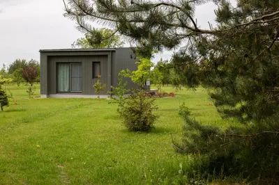 a small house in a field with a green yard at Rasota Pieva Dewy Meadow