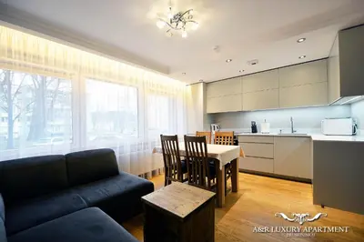 a kitchen and living room with a couch and a table at Luxury apartment Vytauto 16 in Druskininkai