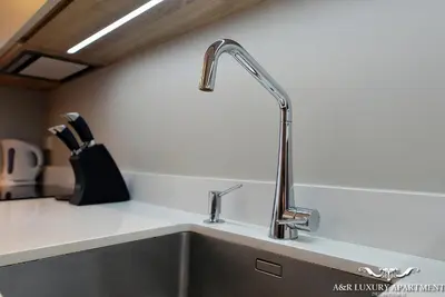 a kitchen sink with a chrome kitchen faucet at Luxury apartment Vytauto 16 in Druskininkai