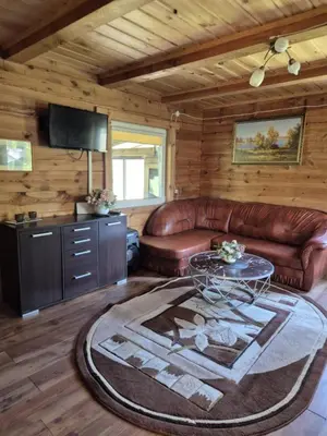 a living room with a leather couch and a table at Sodyba LAIMĖS SLĖNIS in Kapčiamiestis