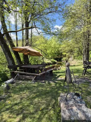 a statue of a bird on a rock with an umbrella at Sodyba LAIMĖS SLĖNIS in Kapčiamiestis
