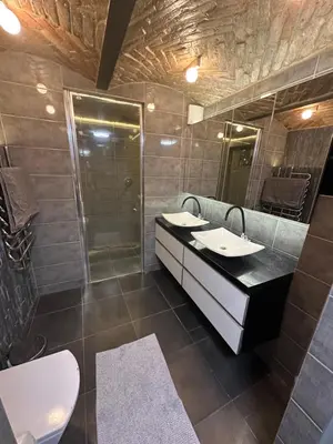a bathroom with a sink and a shower and a toilet at B&M Mini jecuzzi Lovers room Self check-in in Vilnius