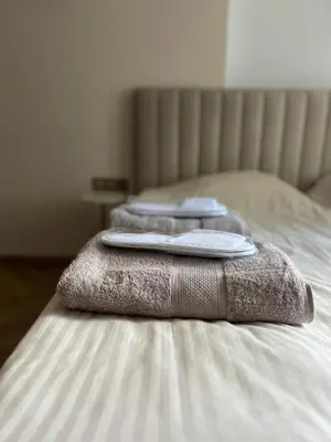 two pillows sitting on top of a bed at Apartamentai pirmame aukšte, miesto centre in Vilkaviškis