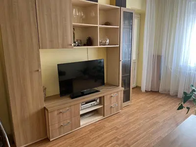 a large entertainment center with a flat screen tv at Butas prie tvenkinio in Varėna