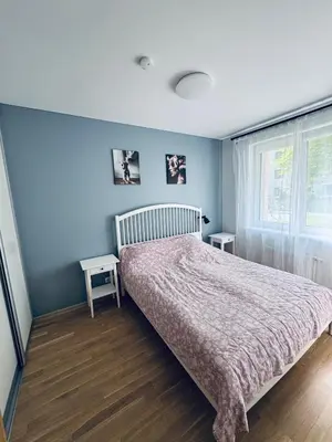 a bedroom with a large bed and a window at Cozy Ozo Park Apartment, Pet Friendly with Workspace in Vilnius