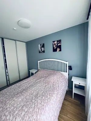 a bedroom with a bed and blue walls at Cozy Ozo Park Apartment, Pet Friendly with Workspace in Vilnius
