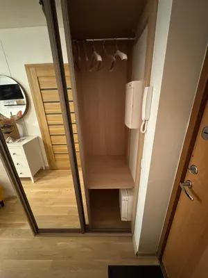 a room with a closet with a door and a mirror at Cozy Ozo Park Apartment, Pet Friendly with Workspace in Vilnius