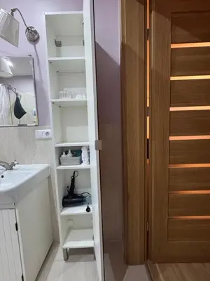 a bathroom with a sink and a wooden door at Cozy Ozo Park Apartment, Pet Friendly with Workspace in Vilnius