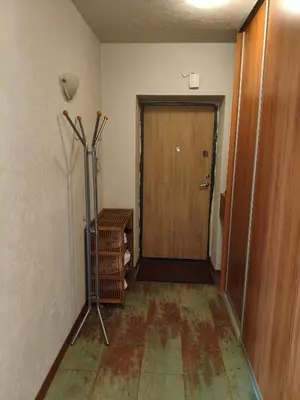 a hallway with a wooden door and a room with a floor at kabantys sodai in Vilnius