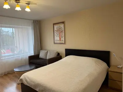 a bedroom with a bed and a chair and a window at Mineral Apartment in Druskininkai