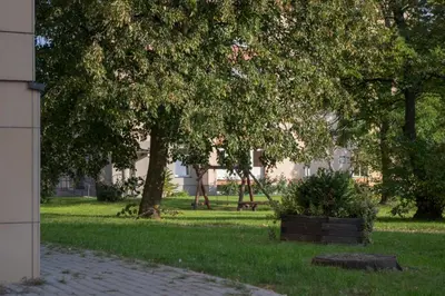 a park with trees and a building in the background at Mineral Apartment in Druskininkai