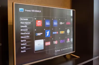 a flat screen tv sitting on top of a table at Mineral Apartment in Druskininkai