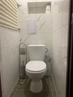 a white toilet in a bathroom with marble walls at Butas Čiurlionio gatvėje in Pakopi