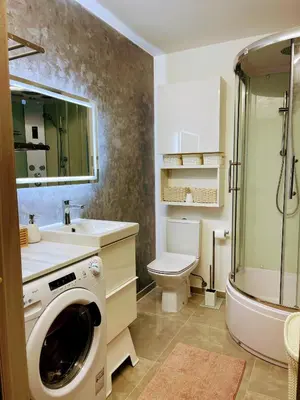 a bathroom with a washing machine and a sink at Family room in Vilnius