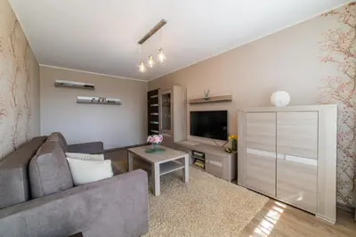 a living room with a couch and a television at Blue Sky Apartments in Šiauliai
