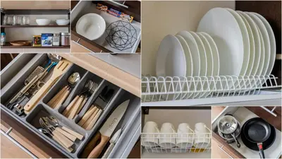 a collage of photos with plates and utensils in a kitchen at Blue Sky Apartments in Šiauliai