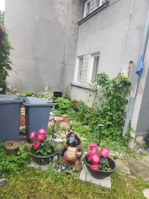 a garden with flowers and a statue in the yard at Unesco Kaukas in Kaunas