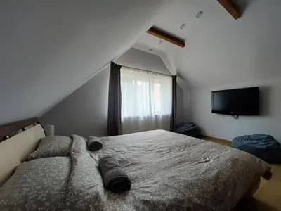 a bedroom with a bed and a television in a attic at Fryko apartamentai Kaune in Kaunas