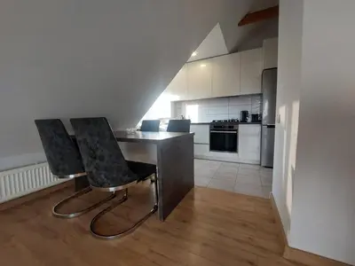 a kitchen with a table and chairs in a room at Fryko apartamentai Kaune in Kaunas