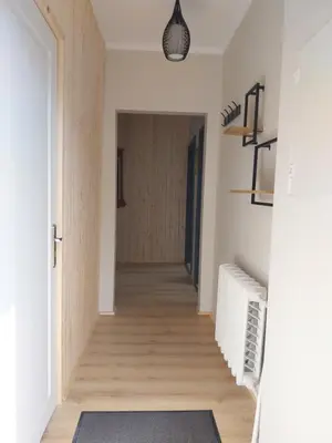 a hallway of a house with a hallway rug on the floor at Saulės miesto apartamentai in Šiauliai