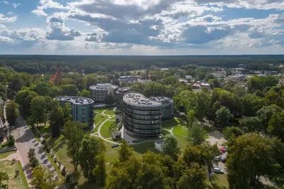 an aerial view of a building in a city at 2 Bedroom Apt with Balconies in Druskininkai